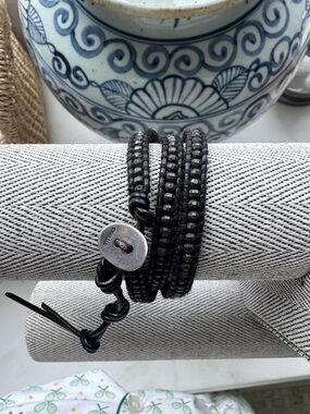 Chan Luu Black Leather Wrap Bracelet with Gunmetal Beads